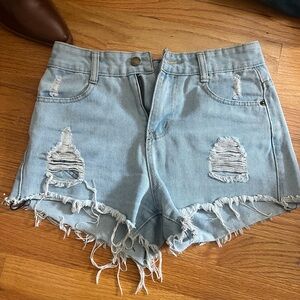 Light Blue Distressed Denim Shorts - Women's High-Rise Ripped Jean Shorts